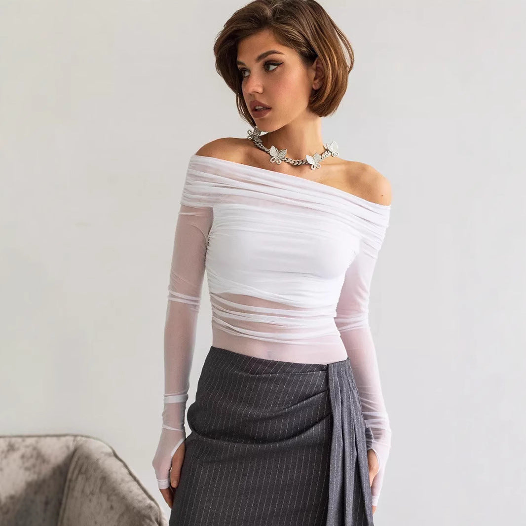 Damen Offshoulder Langarm-Top aus transparentem Netzmaterial R&B