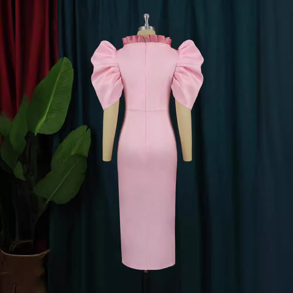 Damen Cocktailkleid mit voluminösen Puffärmeln und elegantem Schlitz R&B
