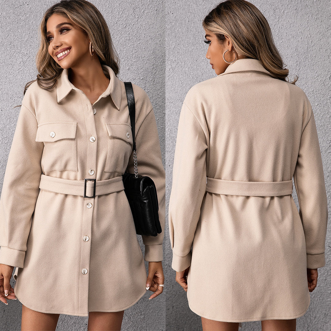 Damen Hemdblusenkleid mit taillierbarem Gürtel und dekorativen Brusttaschen R&B