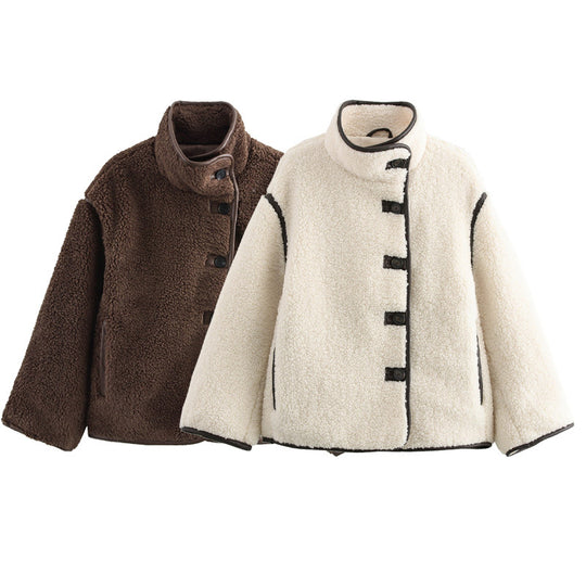 Damen kuschelige Fleecejacke mit hohem Kragen und dekorativen Knopfdetails R&B