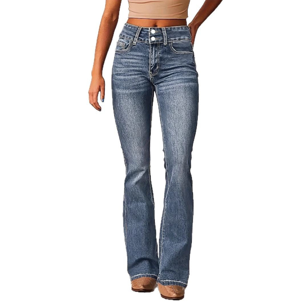 Damen Hohe Taille Flared Jeans mit dekorativen Knopfdetails und figurschmeichelndem Schnitt R&B