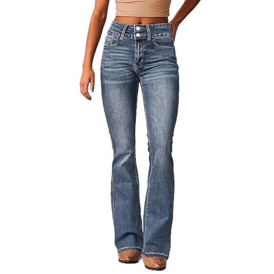 Damen Hohe Taille Flared Jeans mit dekorativen Knopfdetails und figurschmeichelndem Schnitt R&B