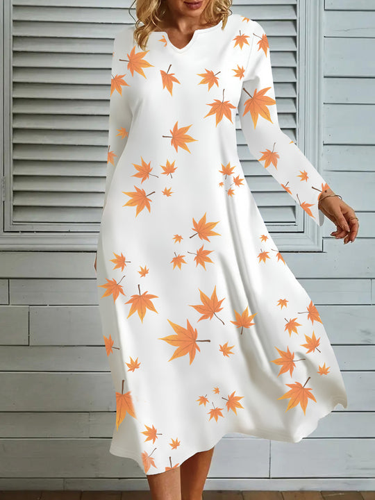 Damen Maxikleid mit V-Ausschnitt und herbstlichem Blattdesign R&B