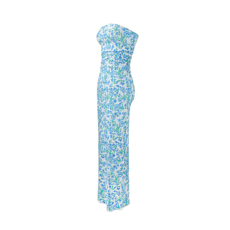 Damen elegantes, trägerloses Maxikleid mit raffiniertem Mustermix R&B