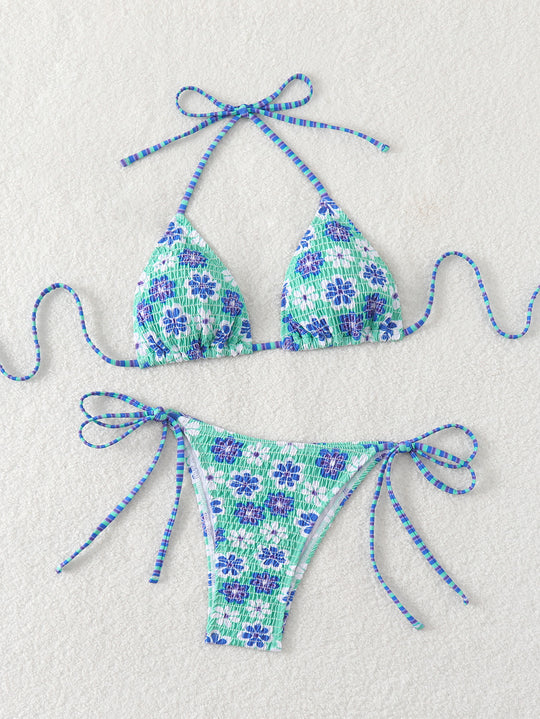 Damen Triangel-Bikini mit verspieltem Blumendesign und elastischen Trägern R&B