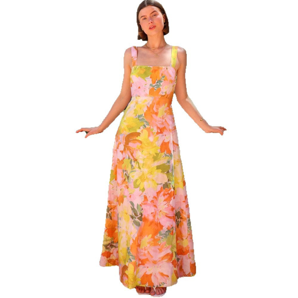 Damen Maxikleid mit floralem Muster und schmalen Trägern R&B