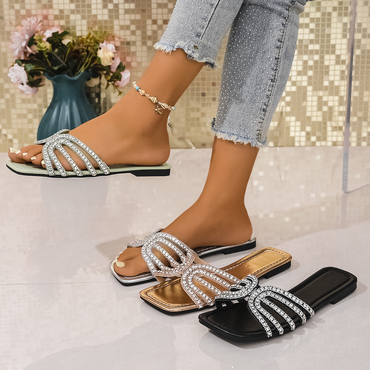 Damen Glamouröse Riemensandalen mit funkelnden Strassakzenten und komfortabler Sohle R&B