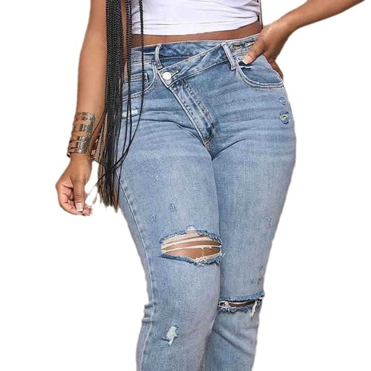 Damen High-Waist Boyfriend Jeans mit ausgefranstem Saum und lässigem Used-Look R&B