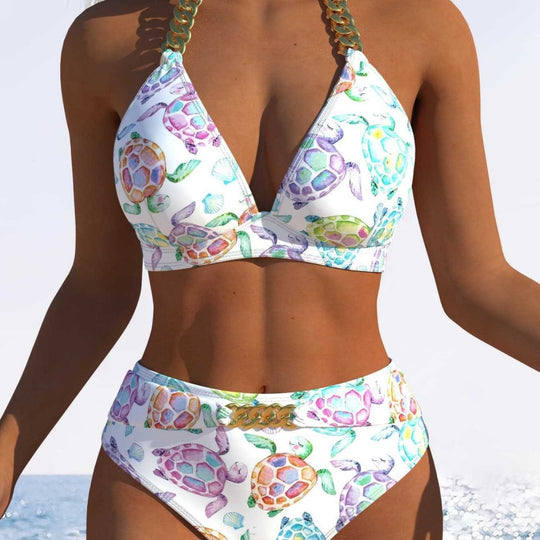 Damen Triangel-Bikini mit verstellbaren Bindebändern und modischem Wellenmuster R&B