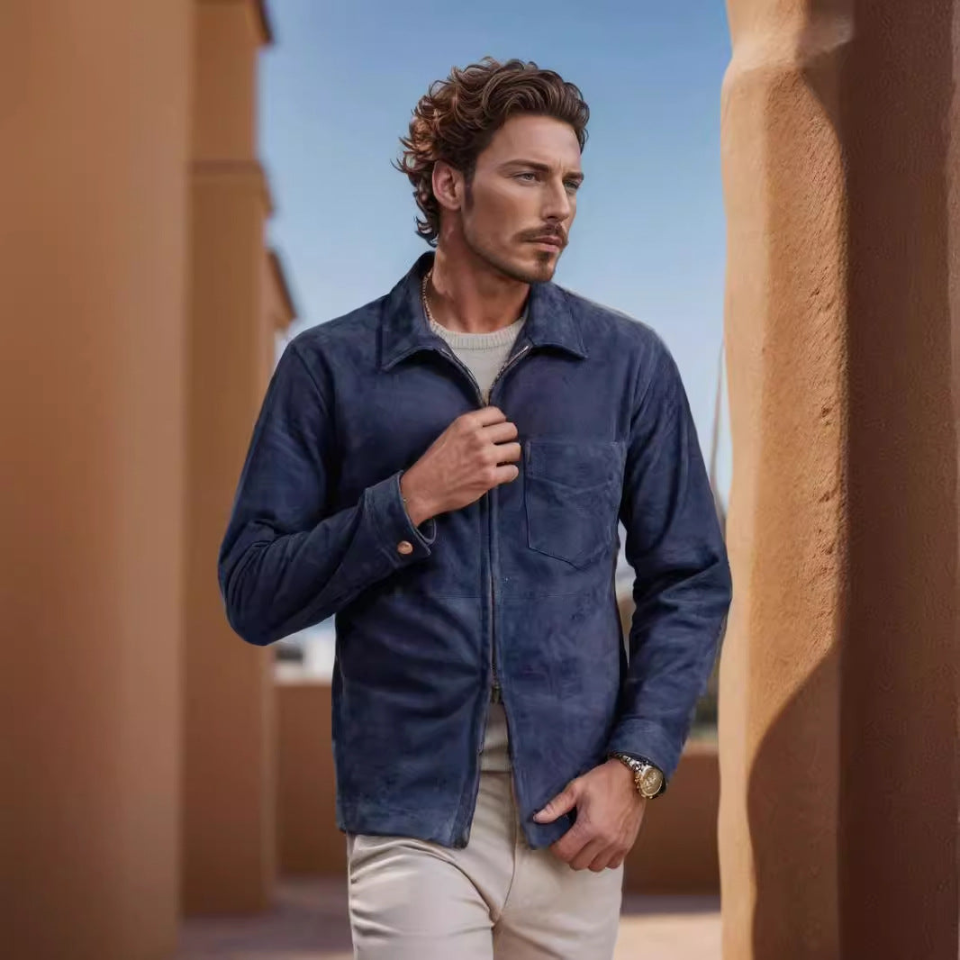 Herren modische Wildlederjacke mit Reißverschluss und Brusttasche R&B