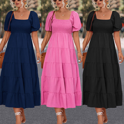 Damen Midi-Kleid mit elastischer Taillierung und voluminösen Puffärmeln R&B