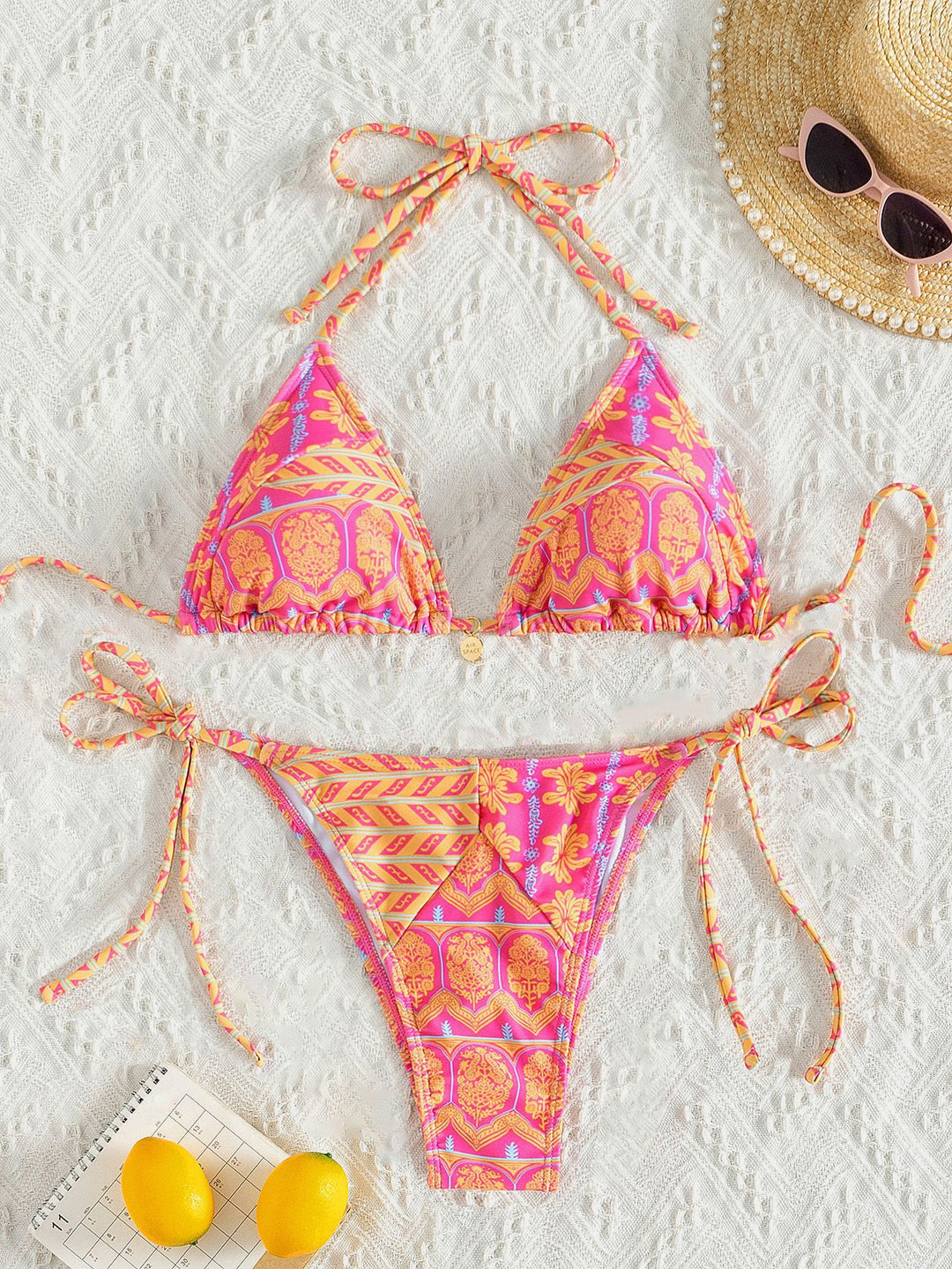 Damen Triangel-Bikini mit verspielt floralem Design und bindbaren Trägern R&B