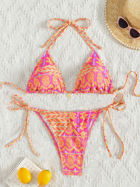 Damen Triangel-Bikini mit verspielt floralem Design und bindbaren Trägern R&B