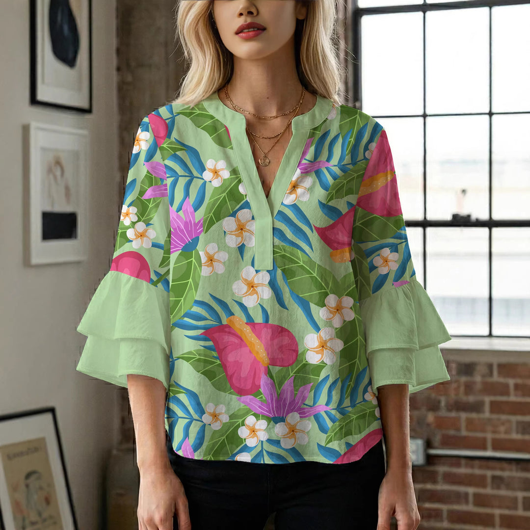 Damen Bluse mit voluminösen Rüschenärmeln und floralem Muster R&B