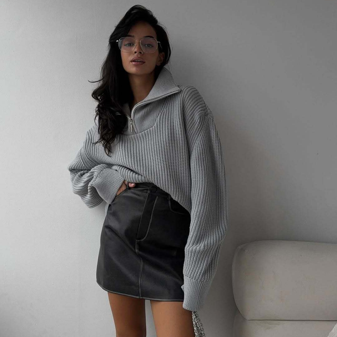 Damen Oversized Strickpullover mit hohem Kragen und Reißverschluss R&B