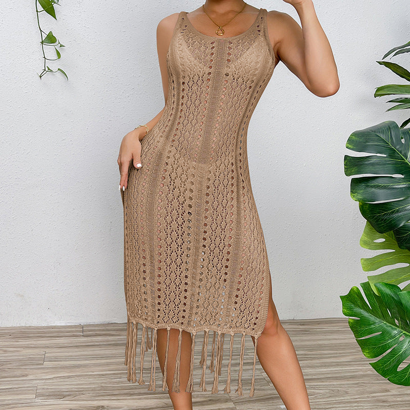 Damen Sommerliches Häkelkleid mit Fransen und seitlichem Schlitz R&B