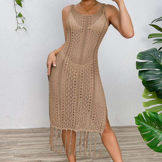 Damen Sommerliches Häkelkleid mit Fransen und seitlichem Schlitz R&B