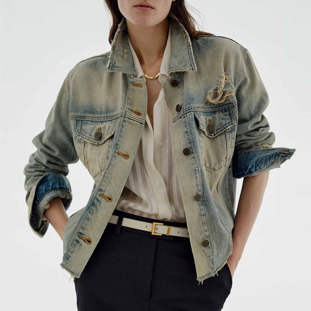 Damen modische Denimjacke im Vintage-Stil mit lässigem Schnitt und fransigen Details R&B