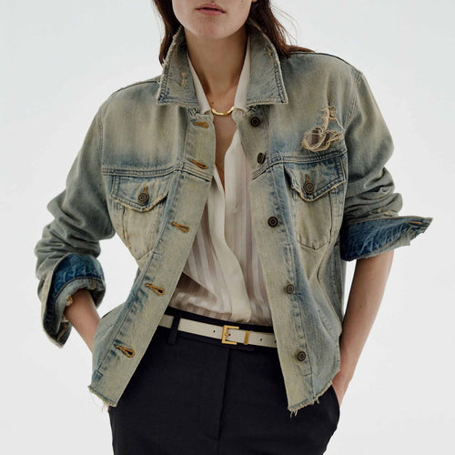 Damen modische Denimjacke im Vintage-Stil mit lässigem Schnitt und fransigen Details R&B