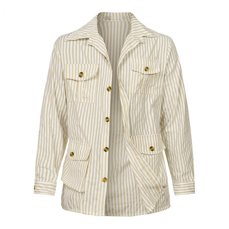 Damen Lässige Streifenjacke mit praktischen Taschen und modischem Revers R&B