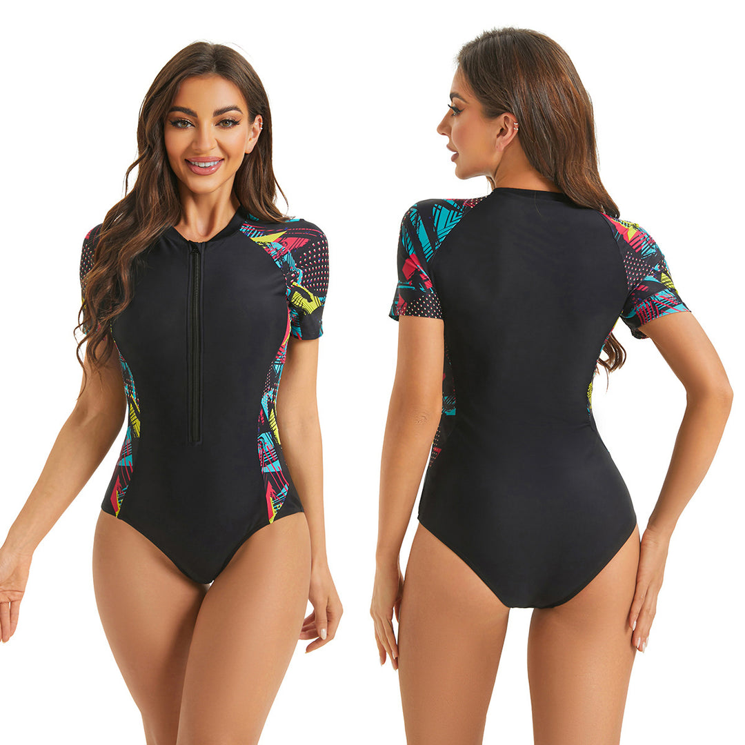 Damen Sportlicher Kurzarm Badeanzug mit buntem Muster R&B