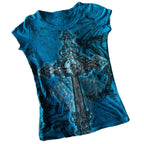 Damen T-Shirt mit grafischem Kreuzdruck und glänzenden Akzenten R&B