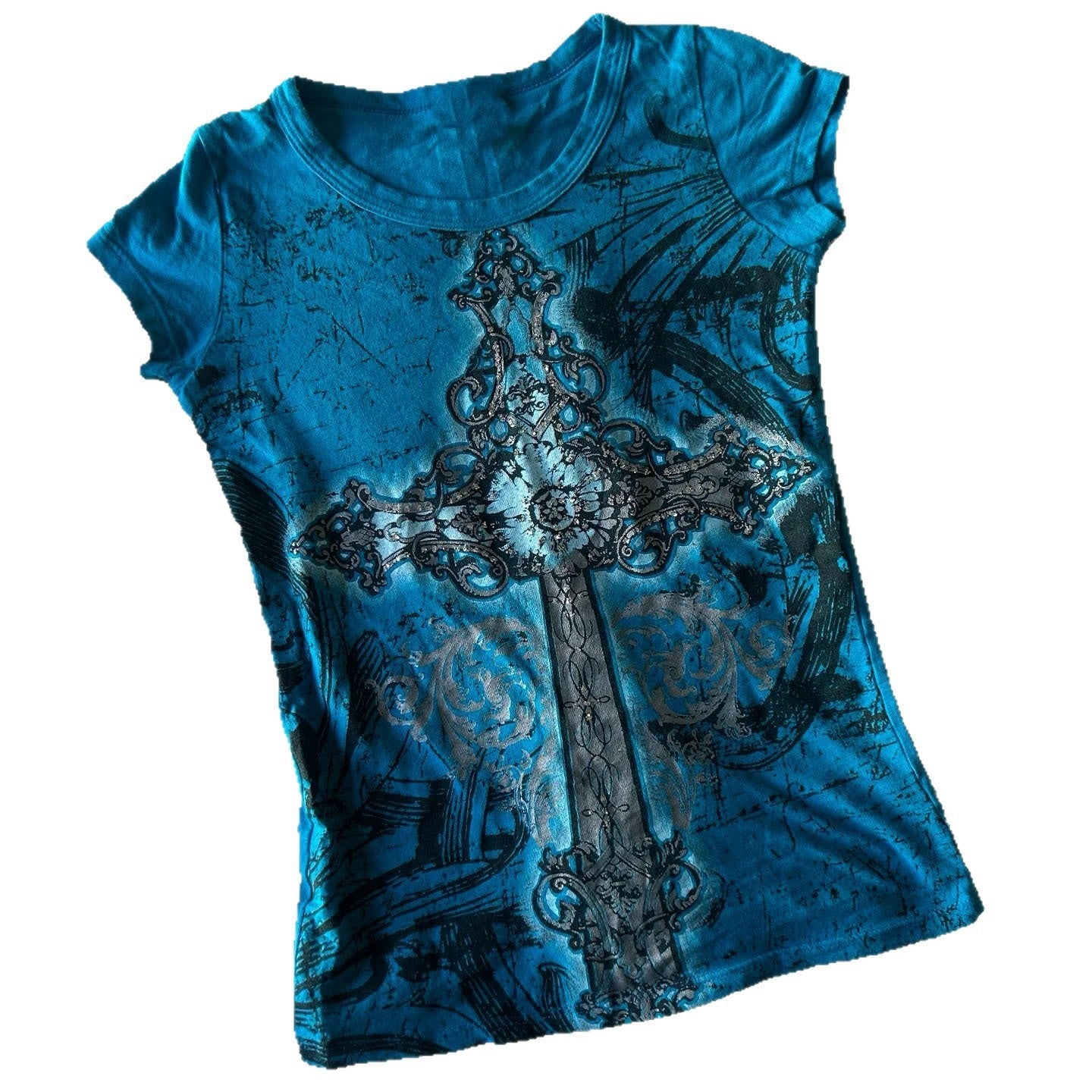 Damen T-Shirt mit grafischem Kreuzdruck und glänzenden Akzenten R&B