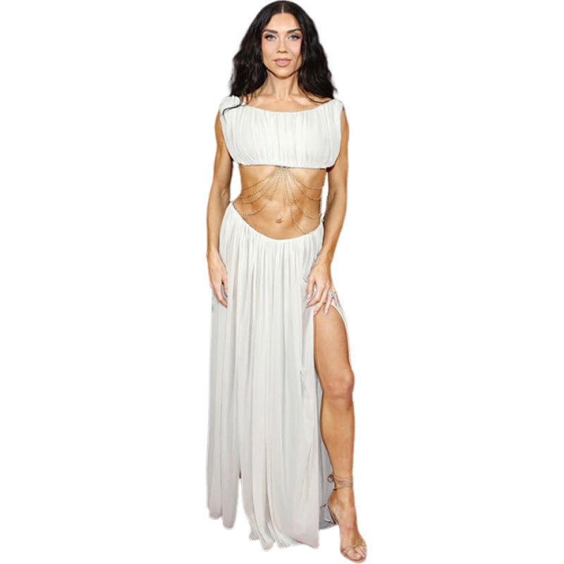 Damen Luxuriöses Chiffon-Maxikleid mit raffinierten Kettendetails und innovativem Schnitt R&B
