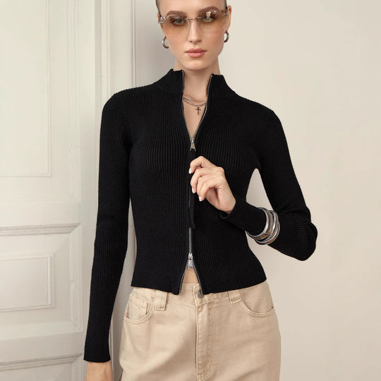 Damen Strickpullover mit hohen Kragen und Reißverschluss R&B