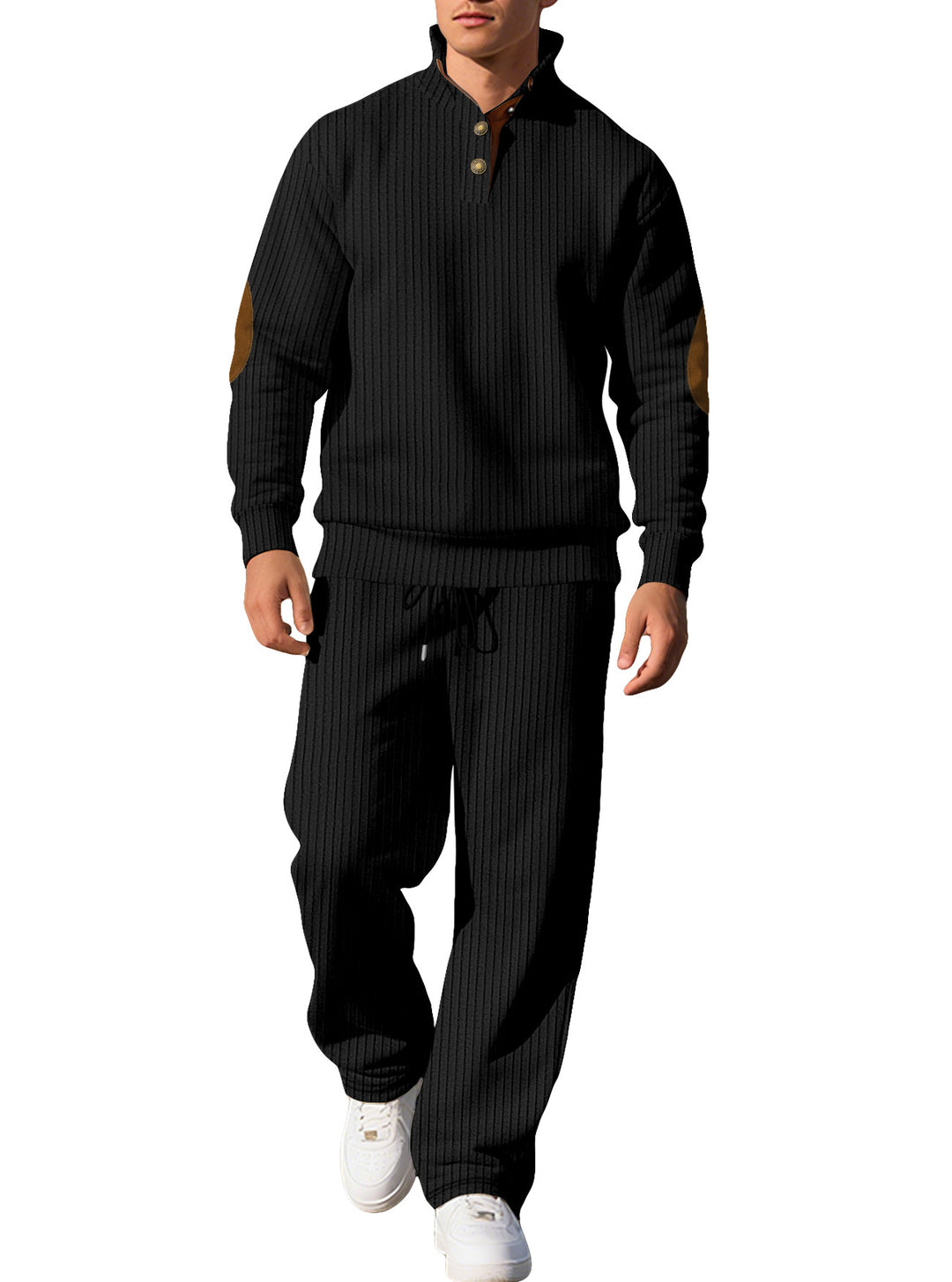 Herren nan feiner Rippstrickpullover mit halber Knopfleiste hohem Stehkragen und kontrastierendem Suedine-Ellbogenbesatz R&B