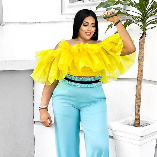 Damen Bluse mit voluminösen Rüschenärmeln und elegantem Taillenband R&B
