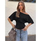 Damen asymmetrisches Crop-Top mit weitem Schnitt und fließenden Ärmeln R&B