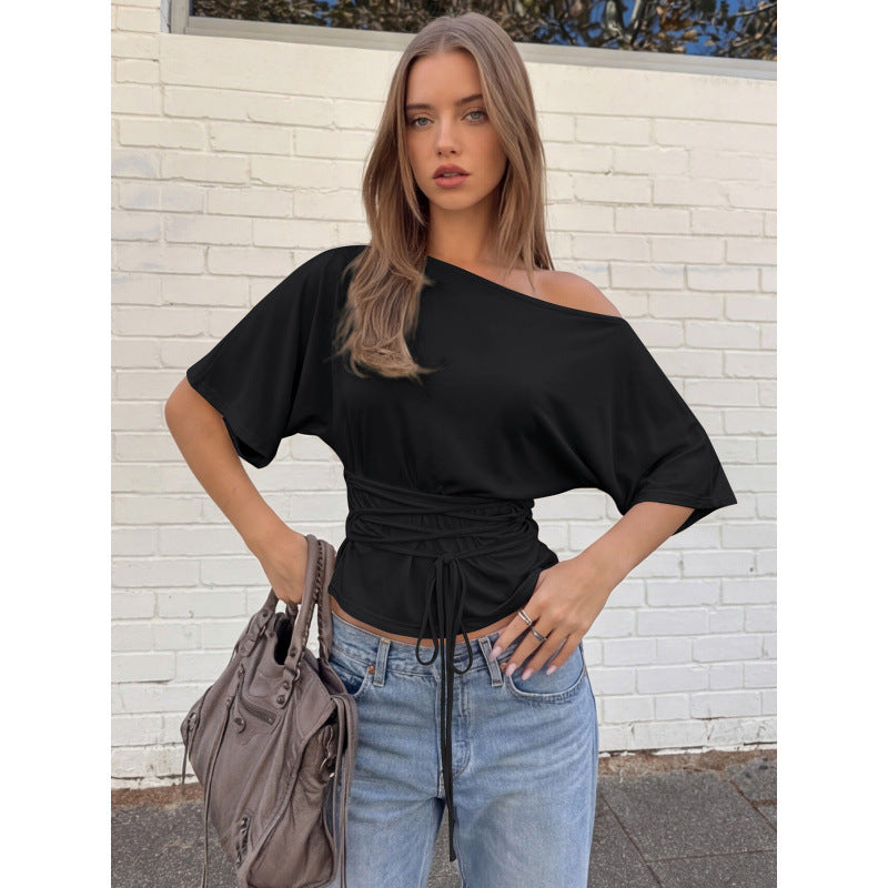 Damen asymmetrisches Crop-Top mit weitem Schnitt und fließenden Ärmeln R&B