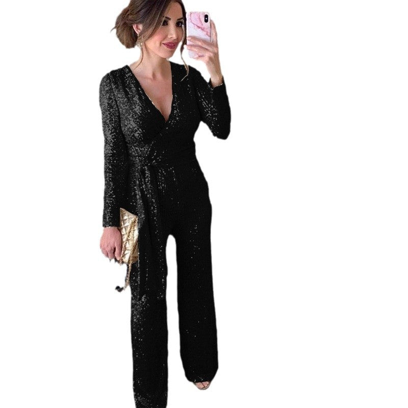 Damen Eleganter Jumpsuit mit V-Ausschnitt und schimmerndem Detail R&B