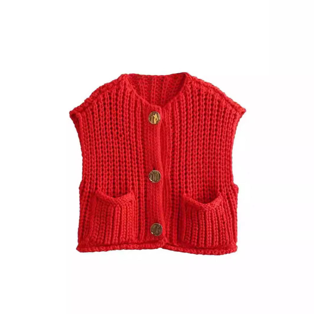 Damen modische Strickweste mit dekorativen Knopfdetails und praktischen Taschen R&B