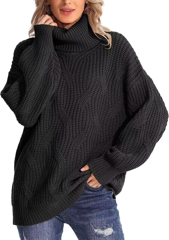 Damen Grobstrickpullover mit hohem Kragen und strukturiertem Zopfmuster R&B