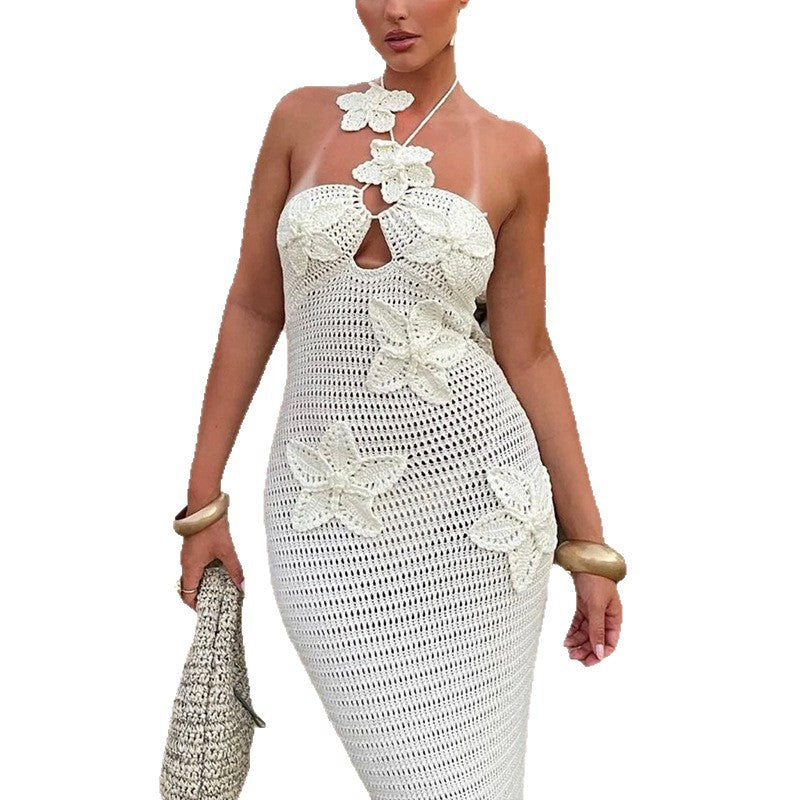 Damen Häkel-Maxikleid mit floralem Design und schmalem Schnitt R&B