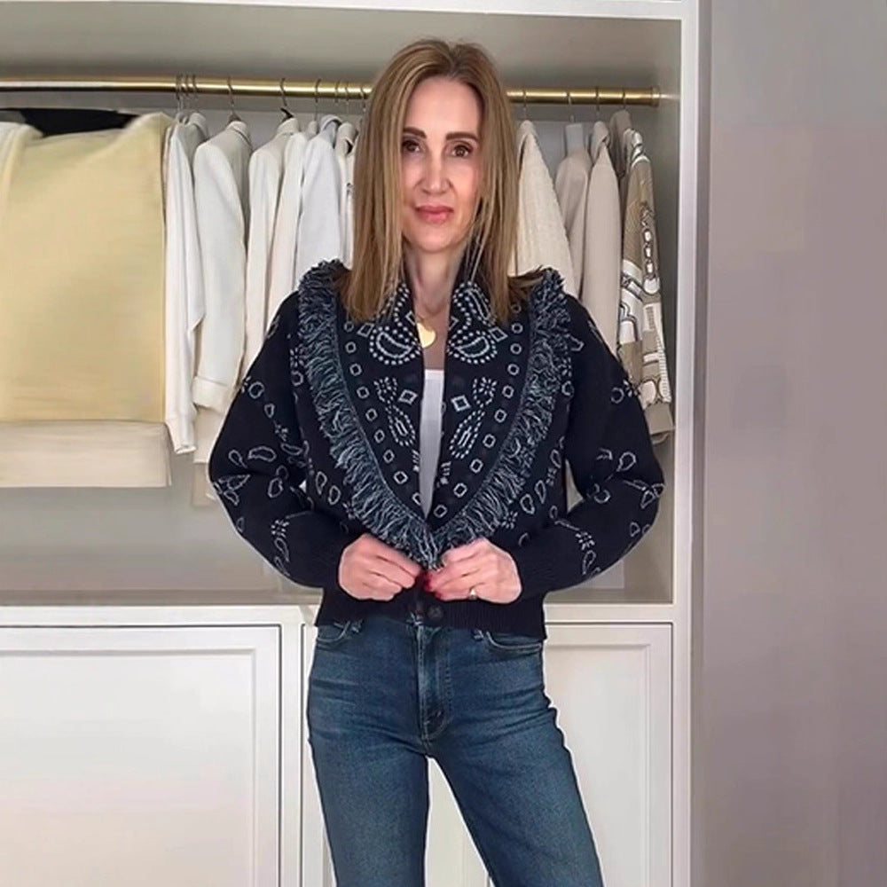 Damen gestrickte Cardigan mit fransigen Details und geometrischem Muster R&B