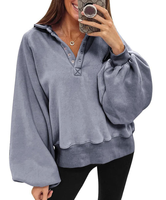 Damen oversized Pullover mit Puffärmeln und Knopfdetails R&B