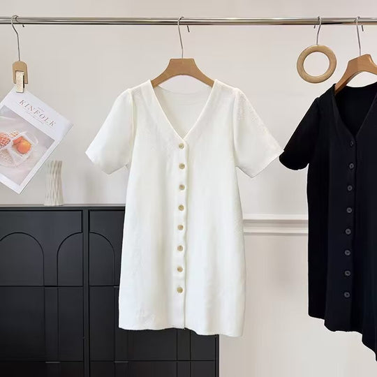 Damen Knopf-Down Kleid mit V-Ausschnitt und kurzen Ärmeln R&B