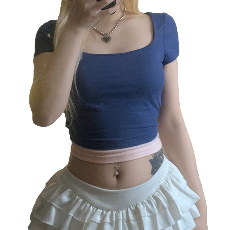 Damen Crop-Oberteil mit modischem Quadrat-Ausschnitt und kontrastierendem Saum R&B