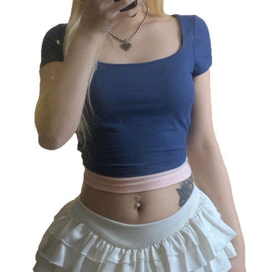 Damen Crop-Oberteil mit modischem Quadrat-Ausschnitt und kontrastierendem Saum R&B