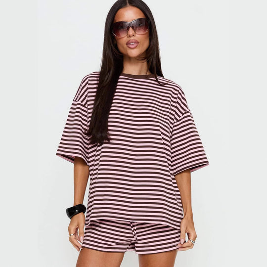 Damen gestreiftes T-Shirt mit lockerer Passform und Rundhalsausschnitt R&B