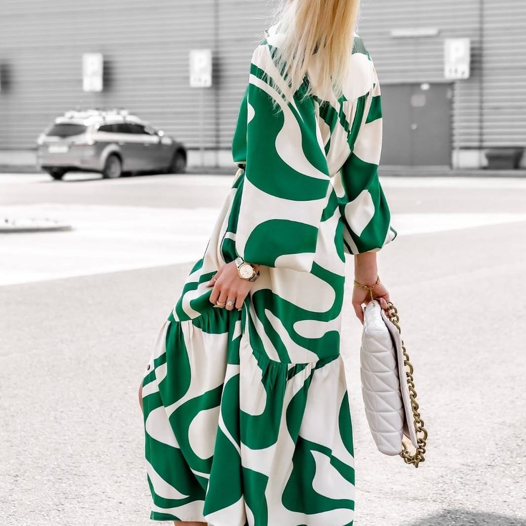 Damen Hemdblusenkleid mit modischem Wellenmuster und Taillengürtel R&B