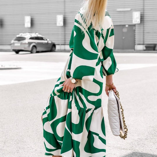 Damen Hemdblusenkleid mit modischem Wellenmuster und Taillengürtel R&B