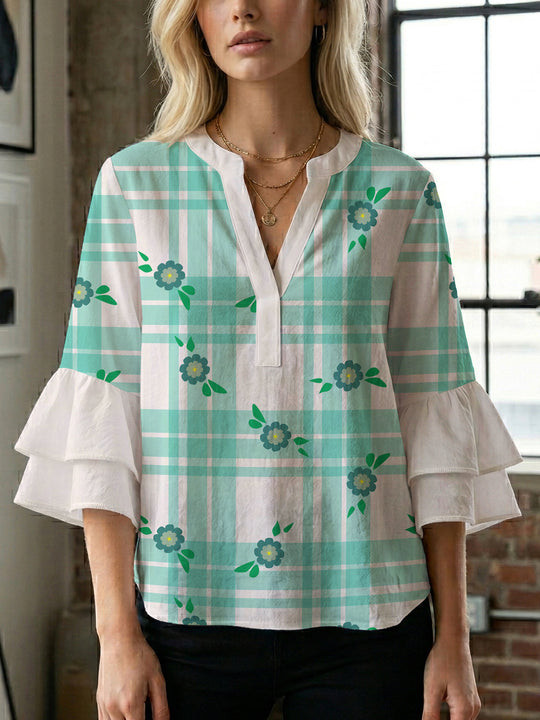 Damen Bluse mit voluminösen Flügelärmel und intensivem Blattmuster R&B