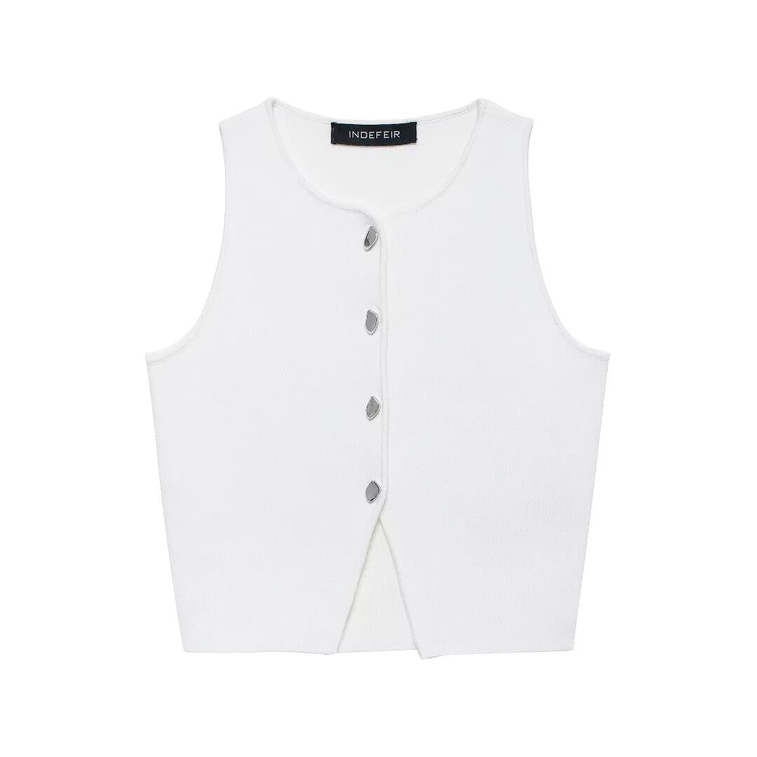 Damen ärmelloses Strickoberteil mit Knopfdetails R&B