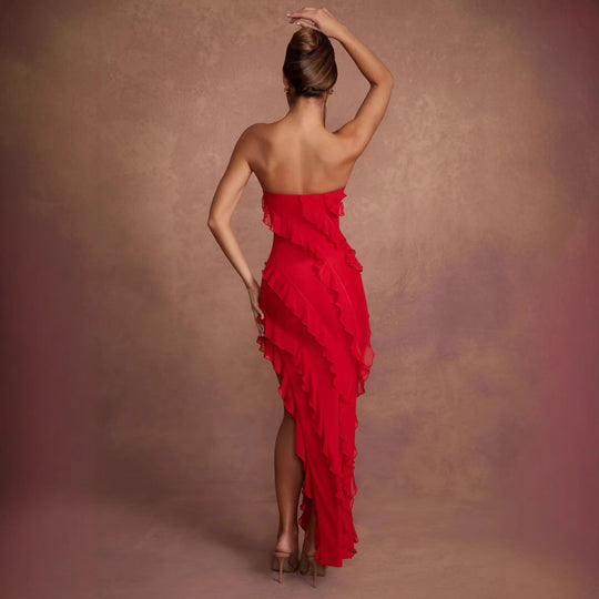 Damen Off-Shoulder Minikleid mit asymmetrischem Rüschensaum R&B