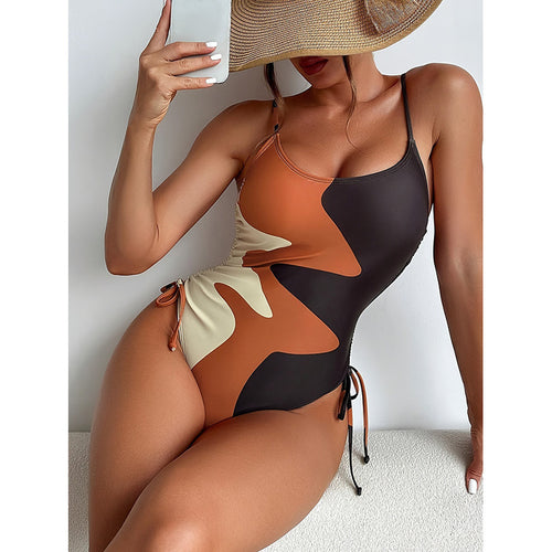 Damen Einteiler Badeanzug mit asymmetrischem Muster und verstellbarem Bindeband R&B