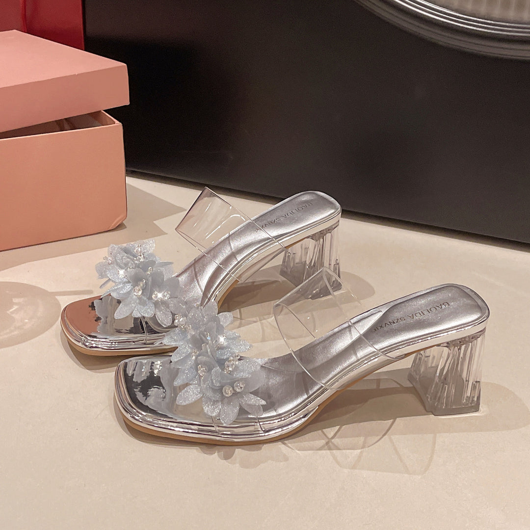 Damen elegante Blockabsatzschuhe mit transparenten Riemen und funkelnden Applikationen R&B